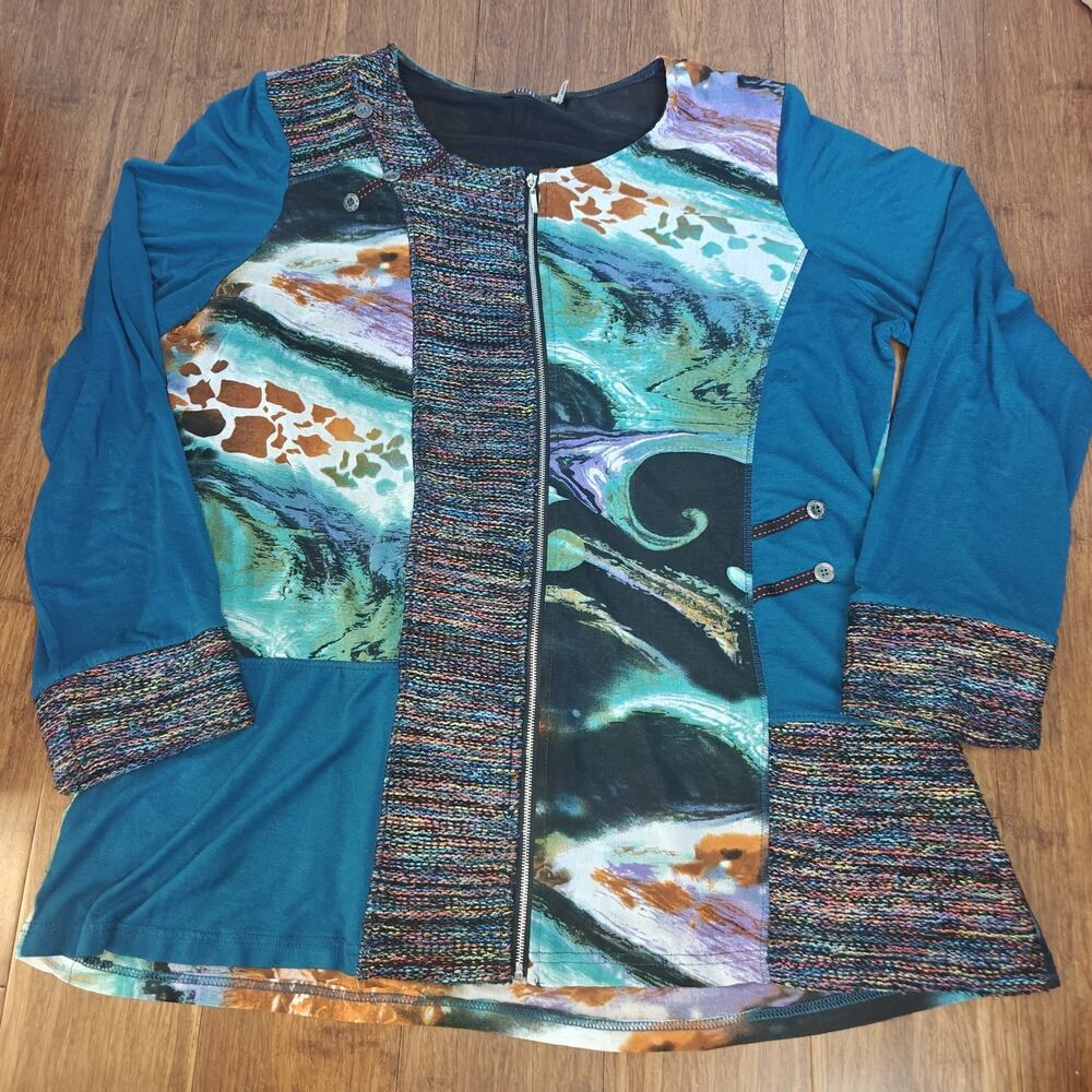 Kaktus Womens 1XL Blue Jacket Full Zip Stretch Lightweight Boho Knit Colorful
